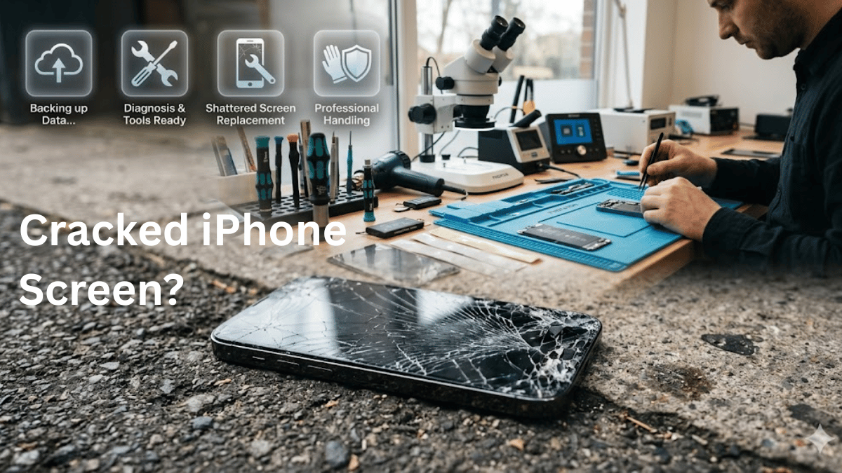 cracked iPhone screen on pavement with repair technician background in Newport