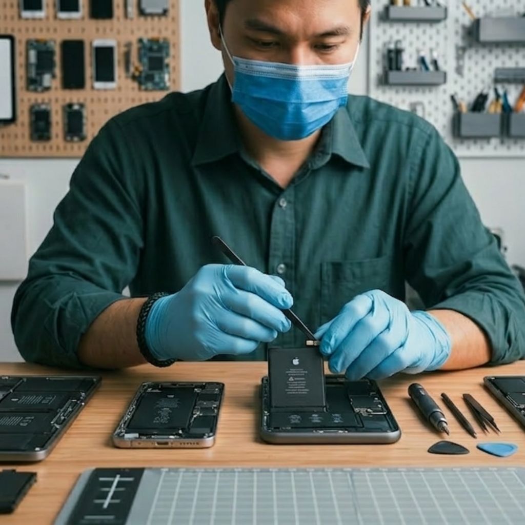 Professional technician performing an Apple battery replacement on an iPhone using specialized tools and safety gear.
