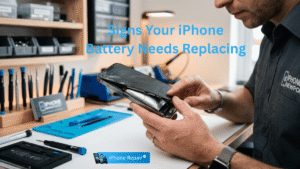 iPhone with swollen battery and lifted screen being inspected at a repair shop in Newport UK