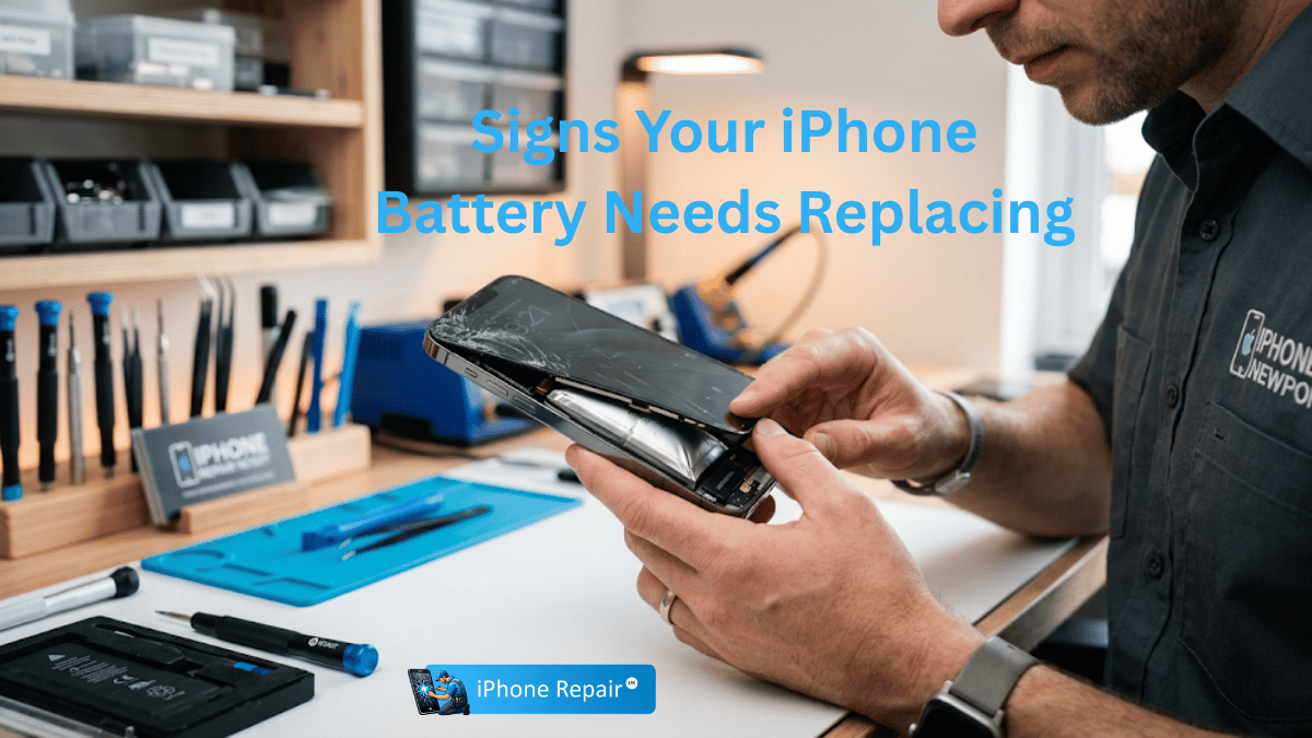 iPhone with swollen battery and lifted screen being inspected at a repair shop in Newport UK