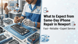 Technician performing same-day iPhone repair in Newport workshop with tools and opened smartphone