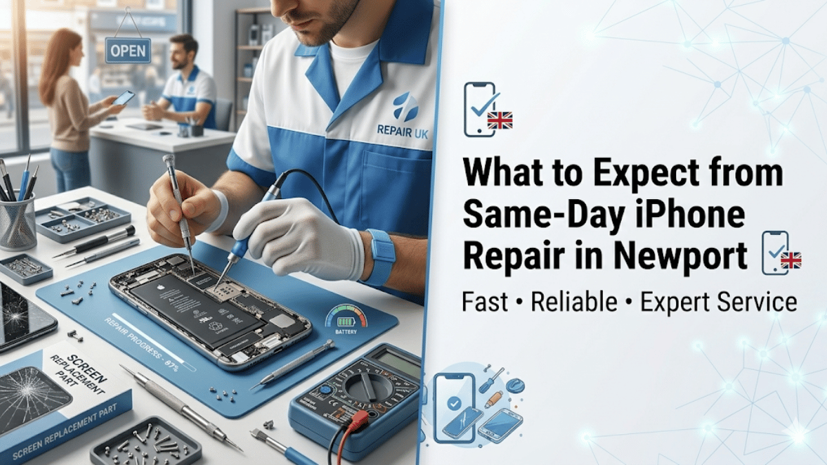 Technician performing same-day iPhone repair in Newport workshop with tools and opened smartphone