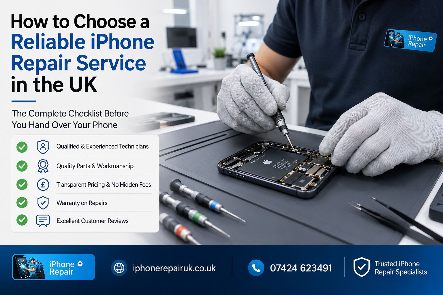 A professional iPhone repair technician working on an open iPhone using precision tools in a clean repair workshop in the UK