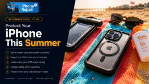 iPhone in a protective case on a beach towel with summer accessories beside a UK summer iPhone protection guide graphic by iPhoneRepairUK Newport
