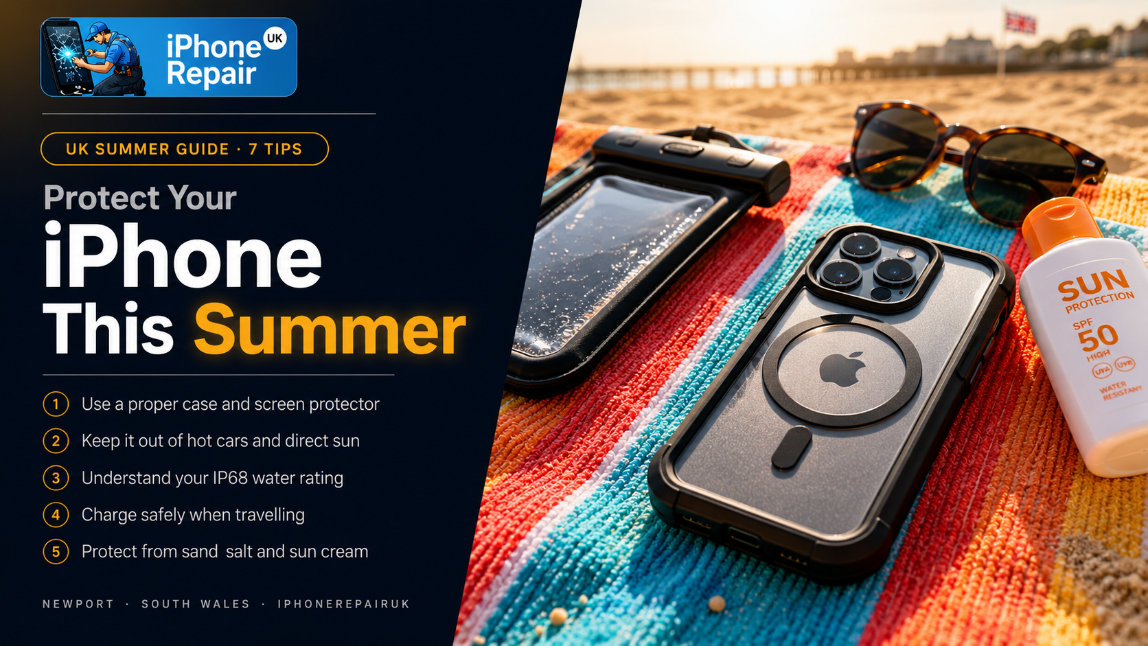 iPhone in a protective case on a beach towel with summer accessories beside a UK summer iPhone protection guide graphic by iPhoneRepairUK Newport