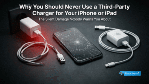 A damaged iPhone next to a cheap third-party charger showing the risks of using non-certified chargers for iPhone and iPad