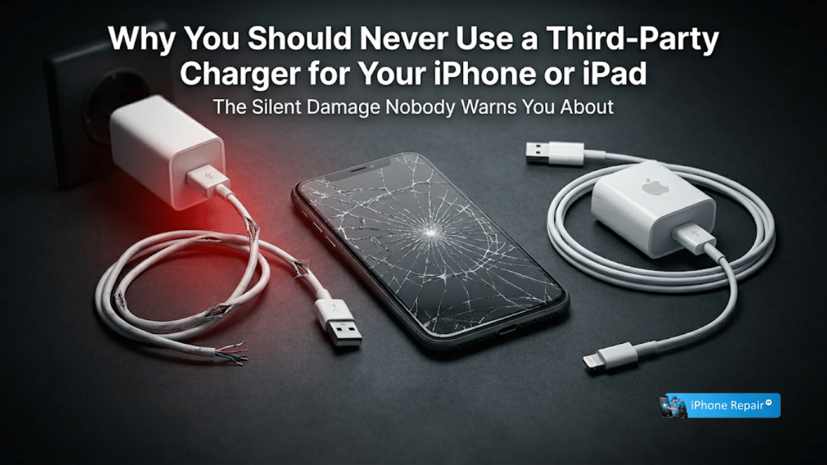 A damaged iPhone next to a cheap third-party charger showing the risks of using non-certified chargers for iPhone and iPad