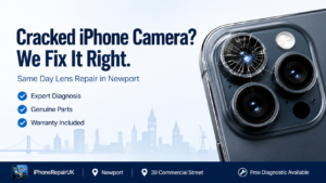 Cracked and blurry iPhone camera lens before and after professional repair at iPhoneRepairUK workshop in Newport