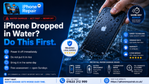 iPhone submerged in water being recovered for professional water damage repair at iPhone Repair UK workshop in Newport Wales