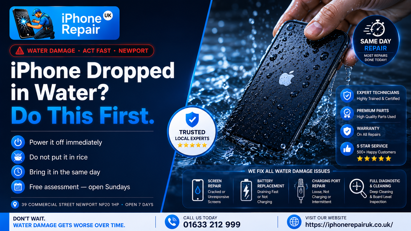 iPhone submerged in water being recovered for professional water damage repair at iPhone Repair UK workshop in Newport Wales