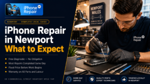 iPhone repair technician repairing a cracked iPhone screen at iPhone Repair UK workshop on Commercial Street Newport Wales