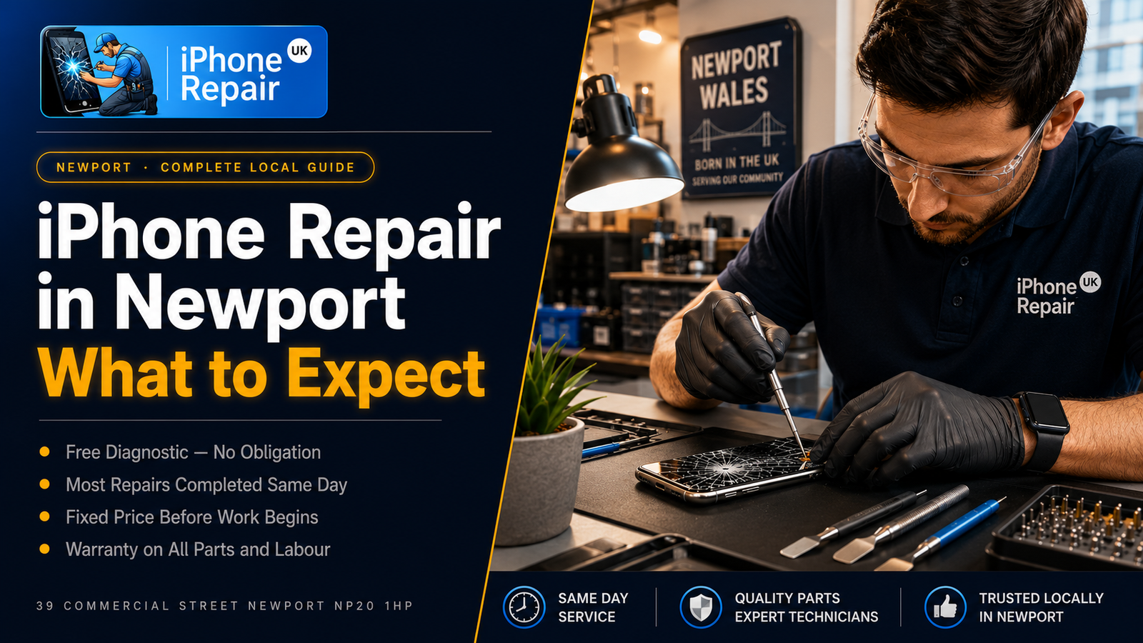iPhone repair technician repairing a cracked iPhone screen at iPhone Repair UK workshop on Commercial Street Newport Wales