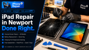 Professional iPad repair service in Newport showing a cracked iPad being repaired by a technician alongside a fully restored iPad. Screen repair, battery replacement and charging port repair specialists.