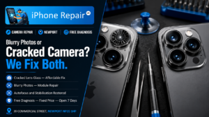 Professional iPhone camera repair in Newport showing a cracked rear camera lens beside a fully repaired camera module with precision repair tools on a modern repair workstation.