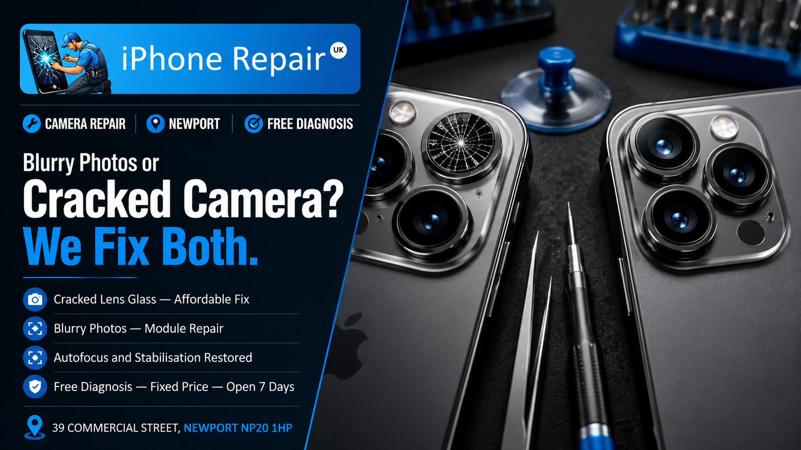 Professional iPhone camera repair in Newport showing a cracked rear camera lens beside a fully repaired camera module with precision repair tools on a modern repair workstation.
