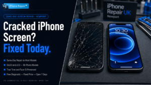 Cracked iPhone screen before and after same-day repair at iPhone Repair UK Newport Wales.