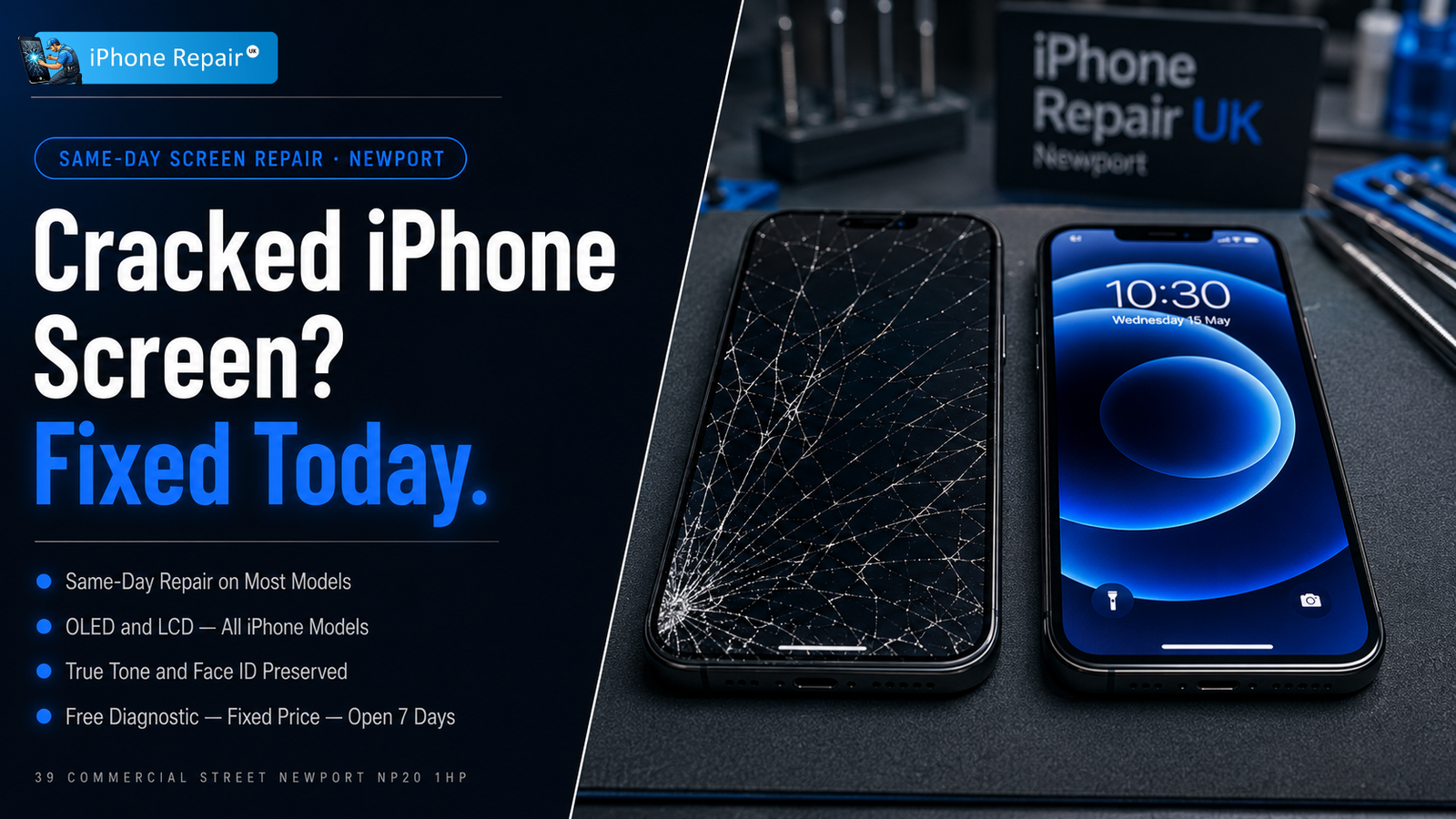 Cracked iPhone screen before and after same-day repair at iPhone Repair UK Newport Wales.