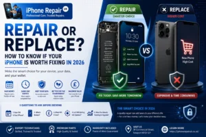 Broken iPhone on a repair workshop bench at iPhone Repair UK Newport showing repair versus replace decision guide.