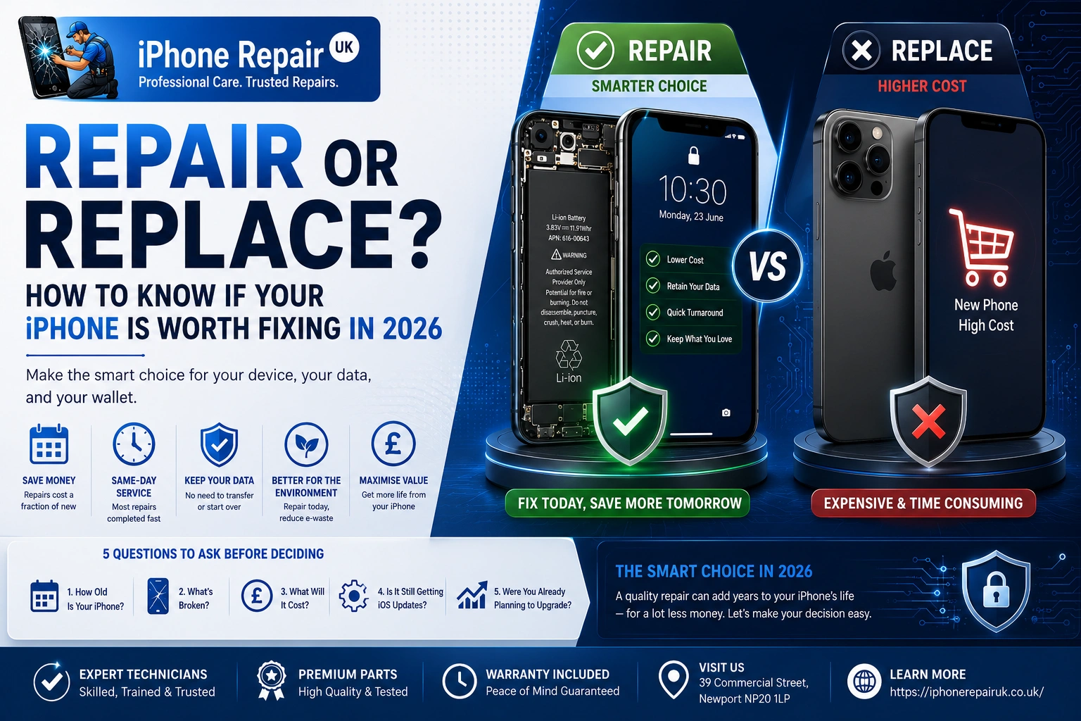 Broken iPhone on a repair workshop bench at iPhone Repair UK Newport showing repair versus replace decision guide.