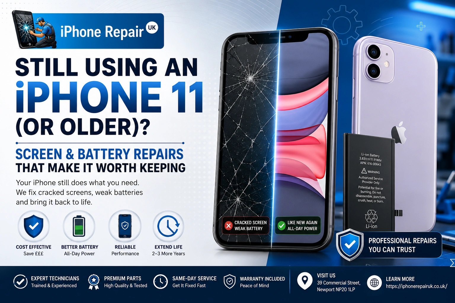 iPhone 11 screen and battery repair service at iPhone Repair UK, 39 Commercial St Newport.