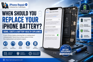 Professional iPhone battery replacement guide showing iPhone Battery Health screen, internal battery components, and expert battery replacement service by iPhone Repair UK in Newport.