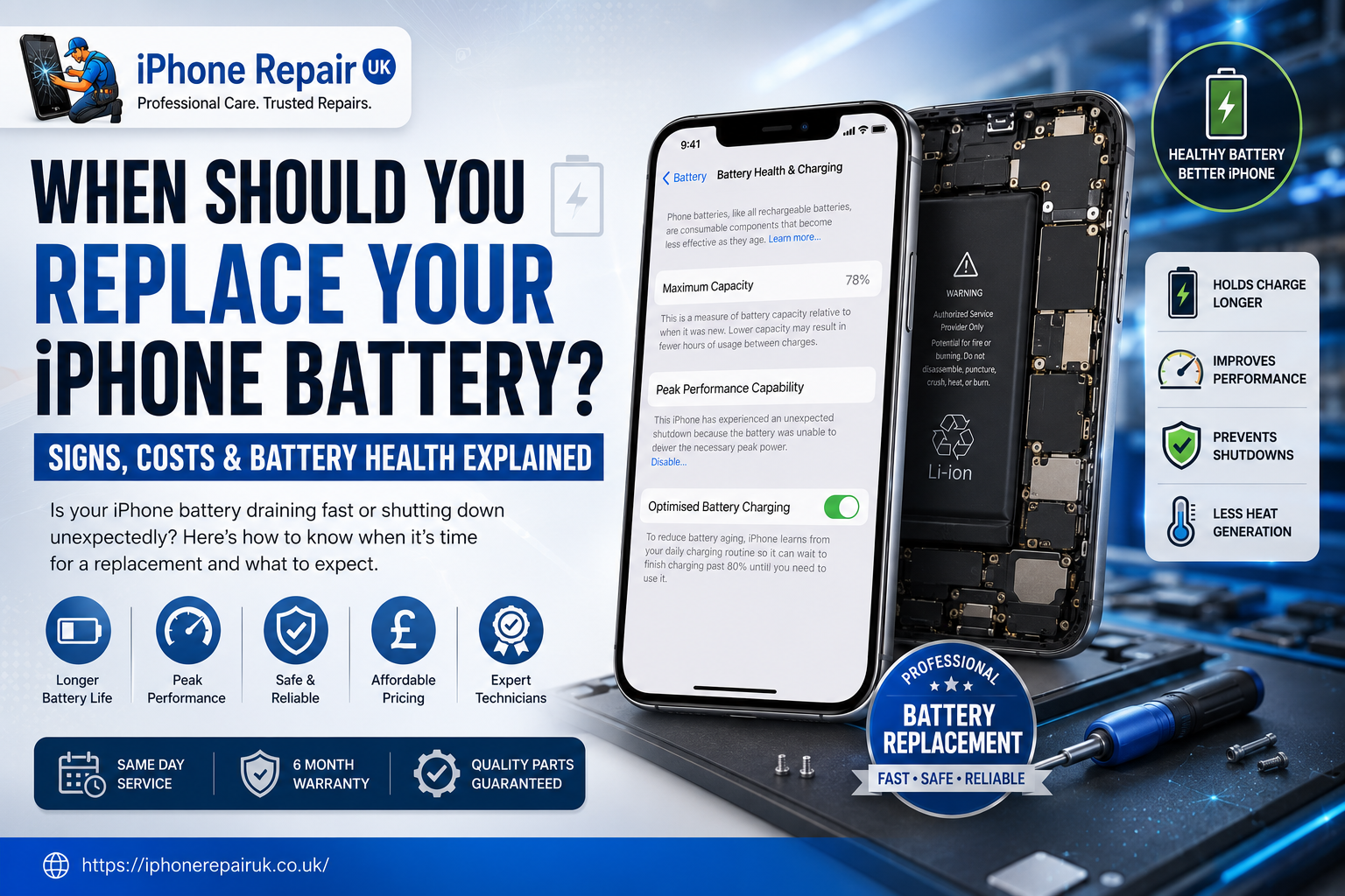 Professional iPhone battery replacement guide showing iPhone Battery Health screen, internal battery components, and expert battery replacement service by iPhone Repair UK in Newport.