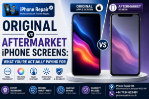 Original Apple iPhone screen compared to aftermarket soft OLED repair at iPhone Repair UK Newport Wales