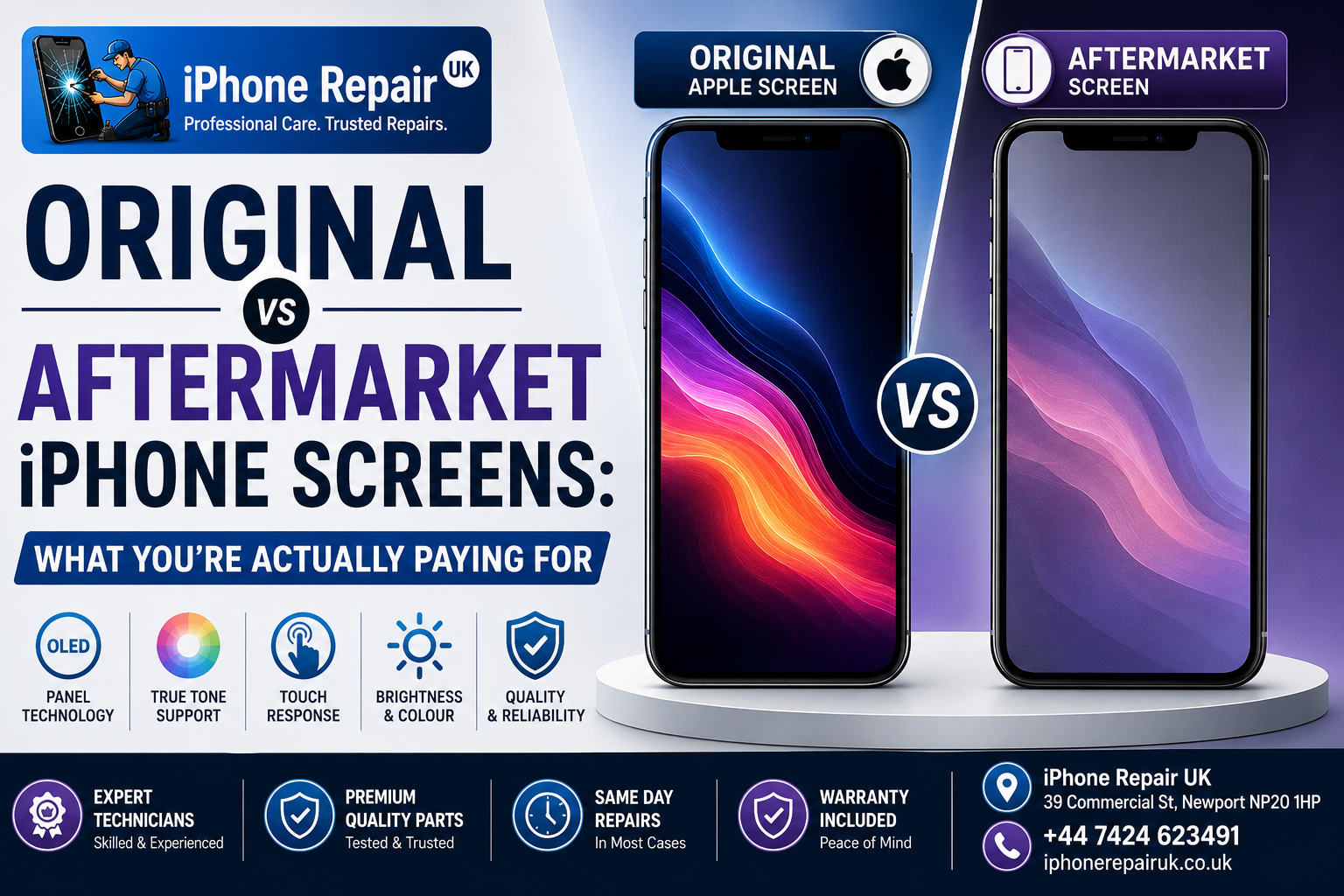 Original Apple iPhone screen compared to aftermarket soft OLED repair at iPhone Repair UK Newport Wales