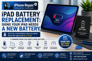 iPad battery replacement at iPhone Repair UK Newport showing swollen battery removal and new cell installation