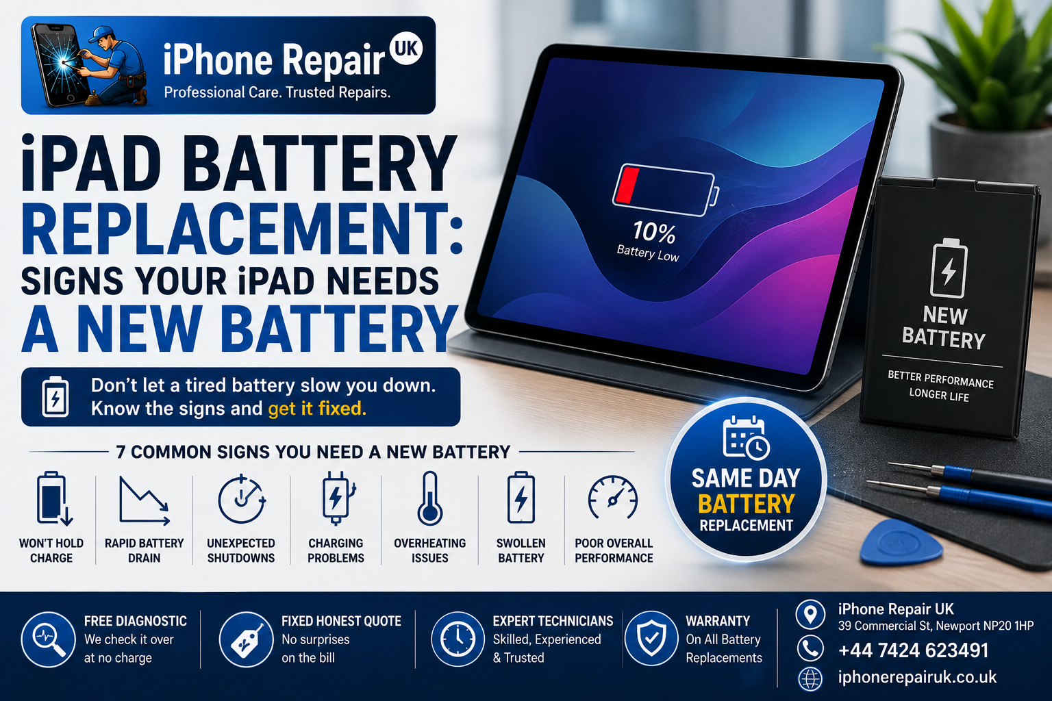 iPad battery replacement at iPhone Repair UK Newport showing swollen battery removal and new cell installation
