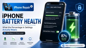 iPhone Battery Health settings screen showing Maximum Capacity percentage and Peak Performance Capability at iPhone Repair UK Newport
