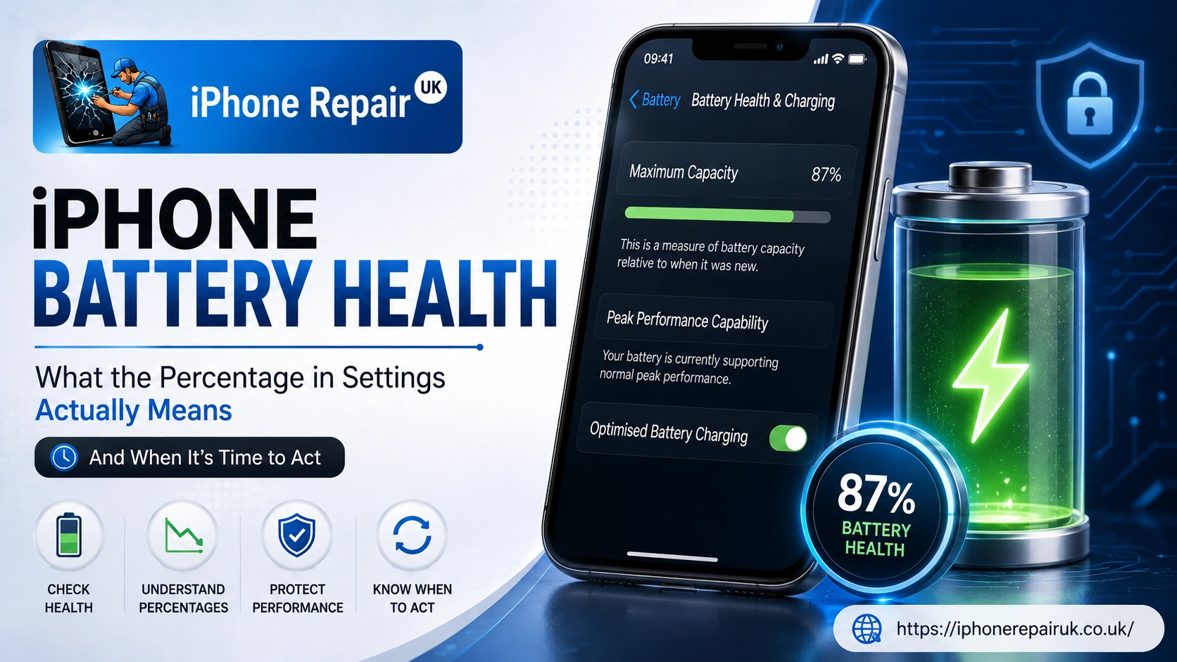 iPhone Battery Health settings screen showing Maximum Capacity percentage and Peak Performance Capability at iPhone Repair UK Newport