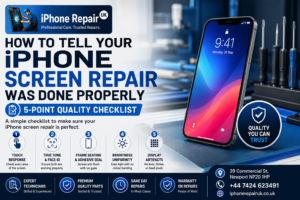 iPhone screen repair quality check at iPhone Repair UK Newport showing touch test and display inspection