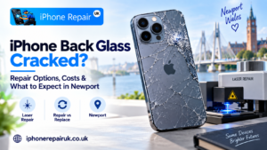 Cracked iPhone back glass repair using laser separation at iPhone Repair UK workshop Newport Wales