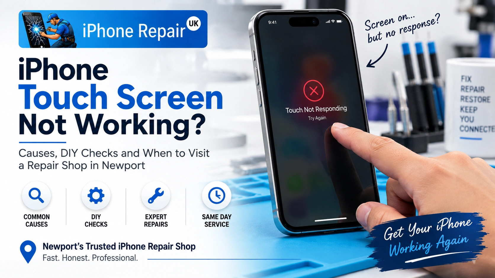 Unresponsive iPhone touch screen diagnostic and digitiser repair at iPhone Repair UK workshop Newport Wales