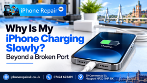 iPhone charging slowly diagnosis at iPhone Repair UK Newport showing adapter cable and port inspection on Commercial Street