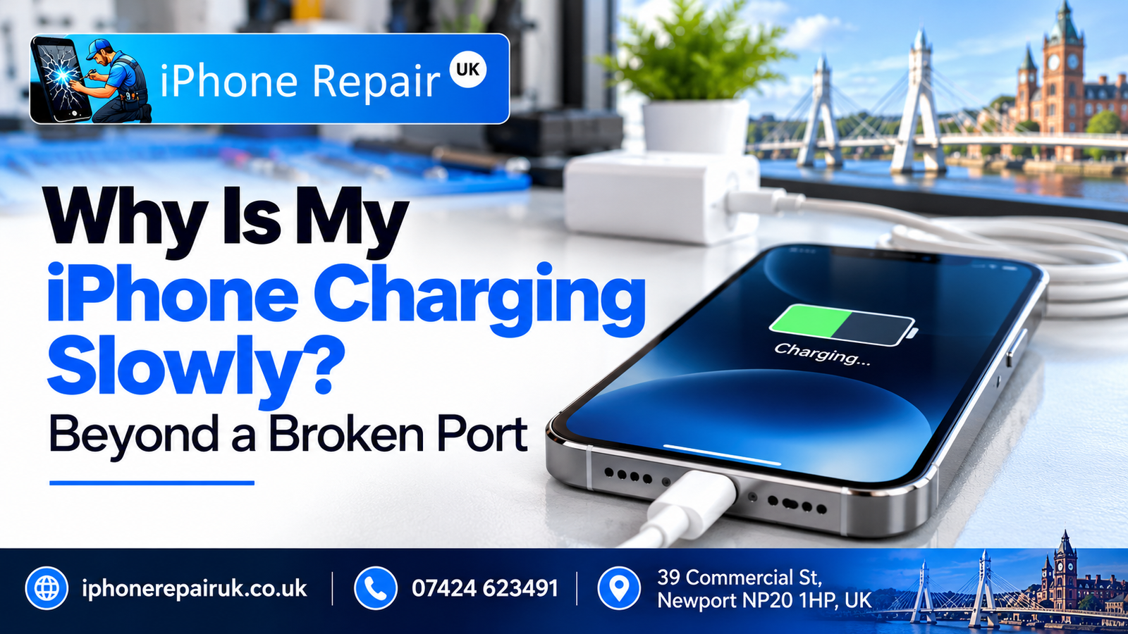 iPhone charging slowly diagnosis at iPhone Repair UK Newport showing adapter cable and port inspection on Commercial Street